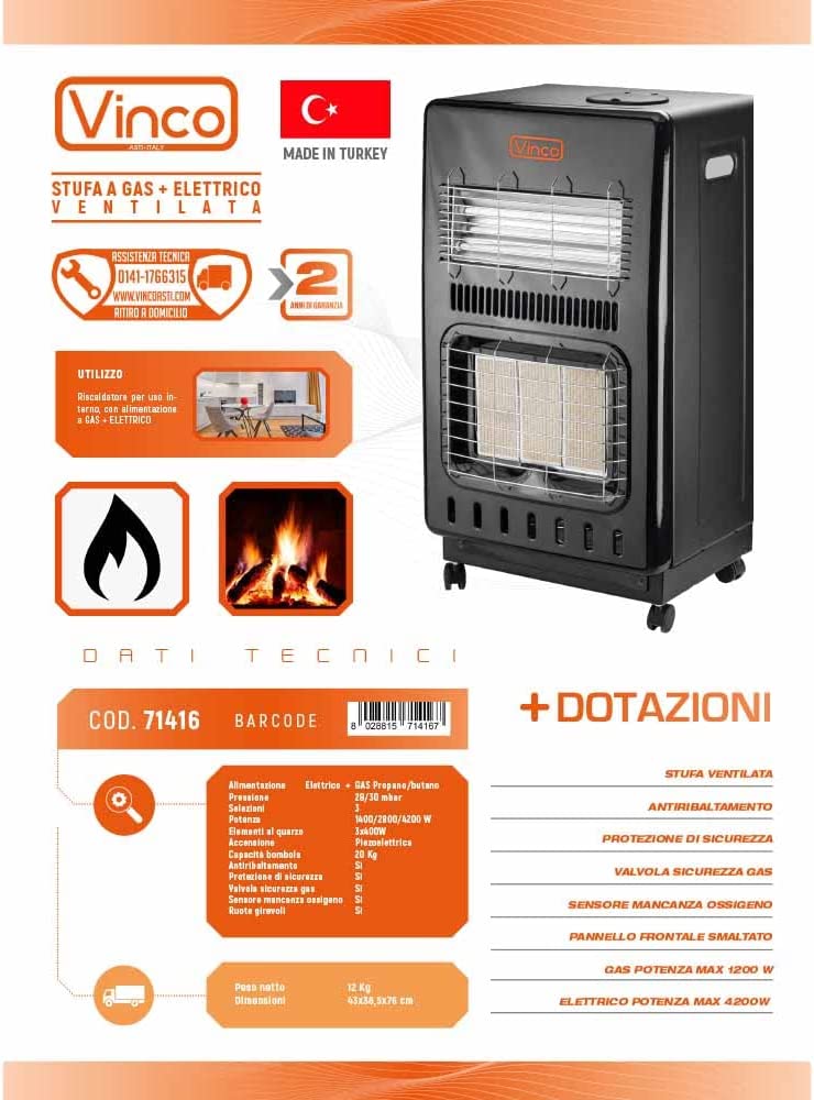 Stufa a gas ventilata + elettrica - 2 in 1 - 4200 watt + 1200 watt - Doppio  Utilizzo - a Gas o Elettrico - Barin Store
